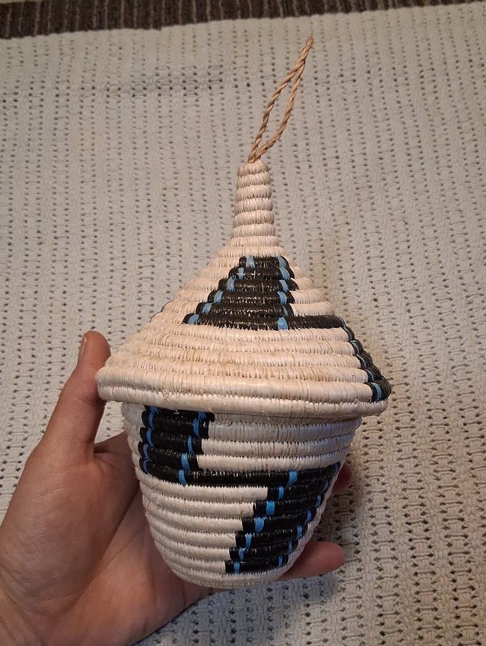 Handwoven Cream and Black Decorative Lidded Basket with Blue Accents